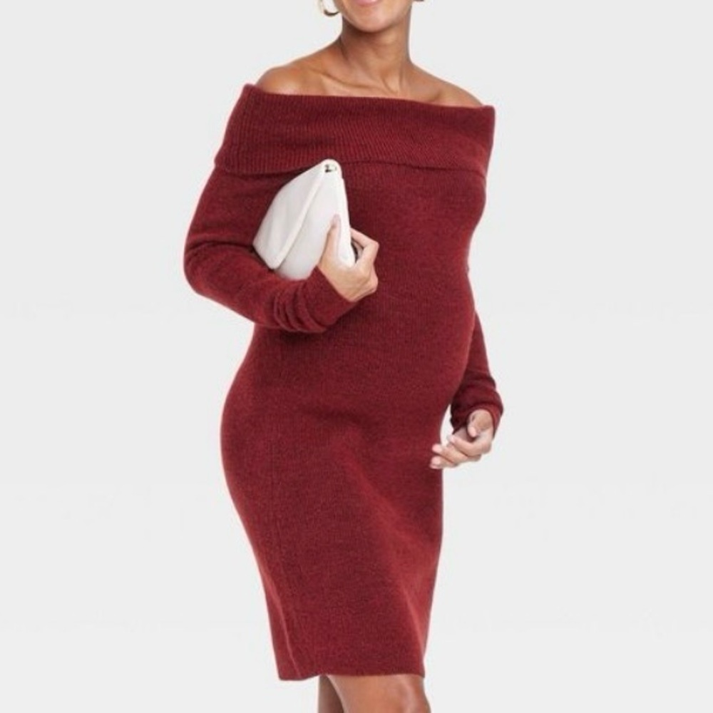 Ingrid & Isabel Maternity Off the Shoulder Sweater Dress - Maroon​​​​
